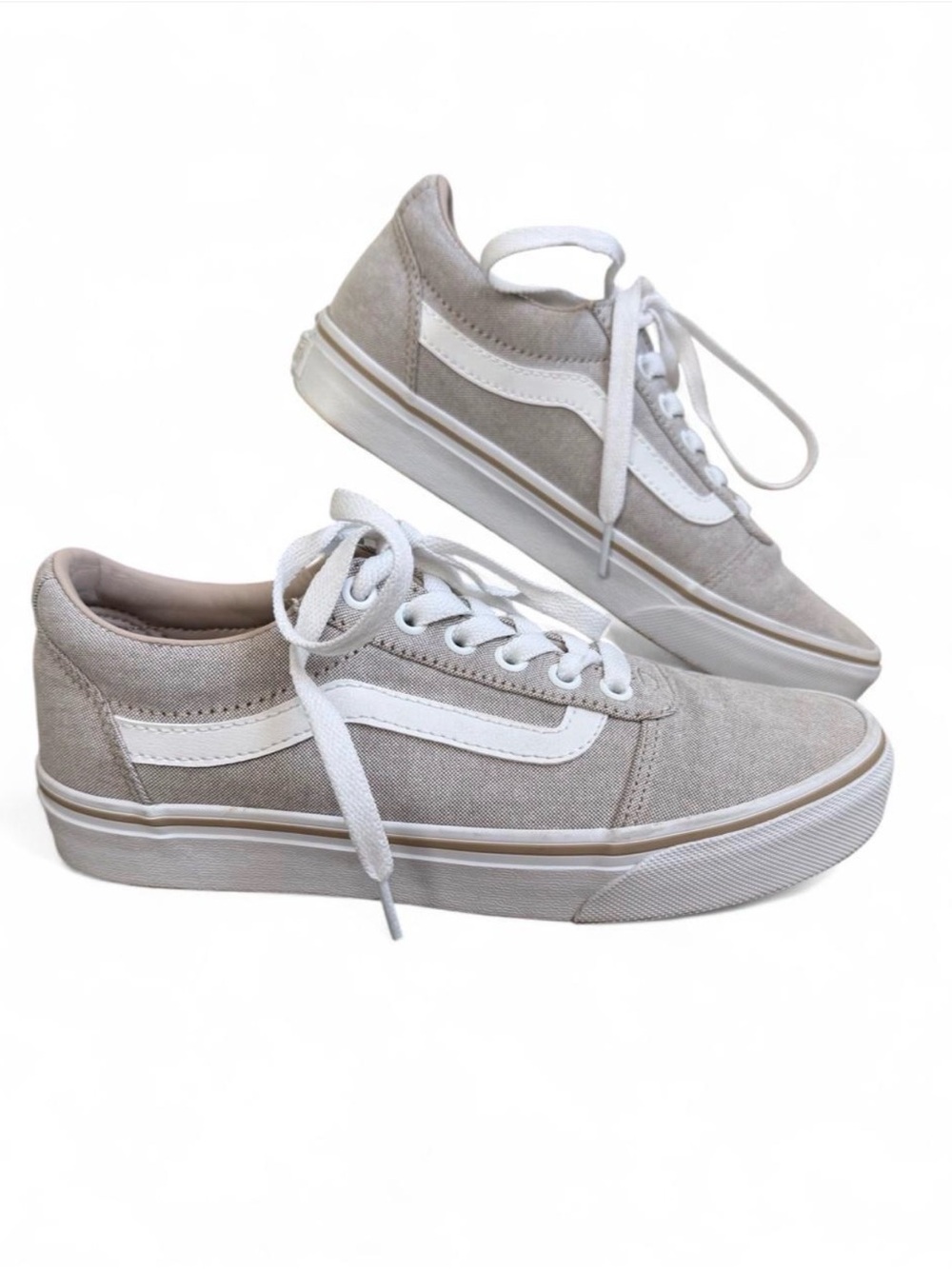 Vans Women’s Old Skool Canvas Sneakers in Taupe and White - Picture 1 of 8